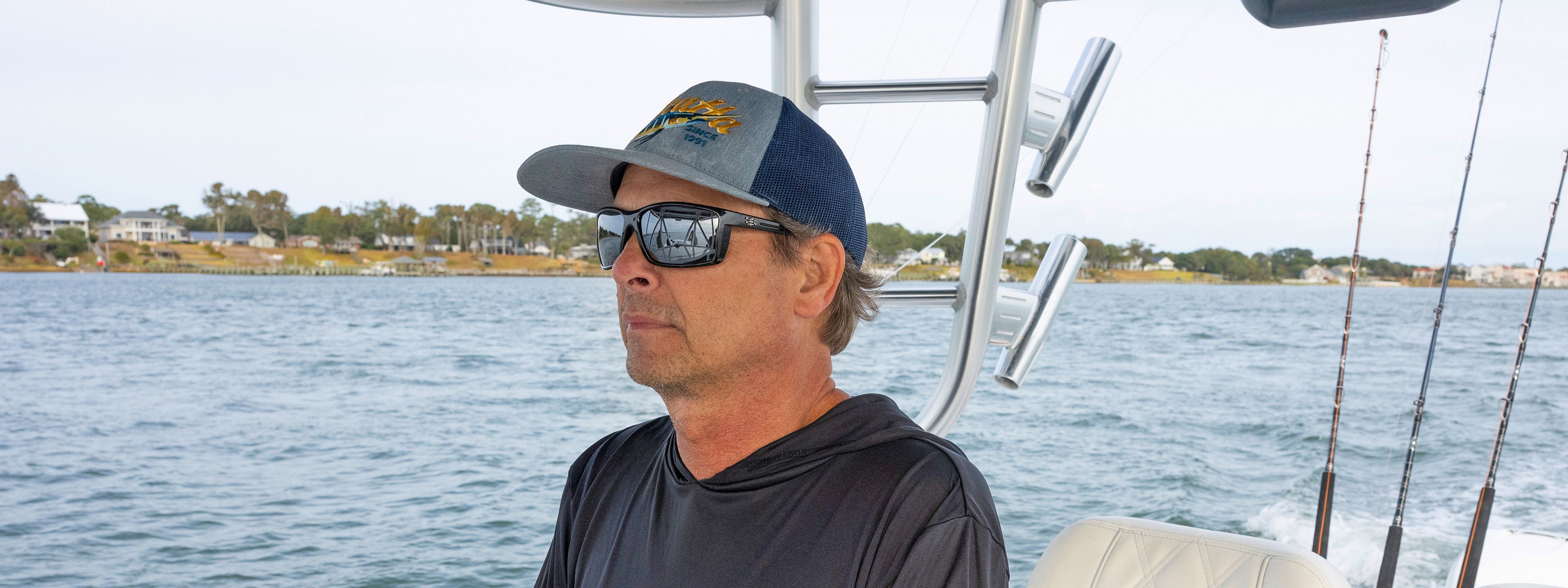 Man on boat wearing Calcutta sunglasses