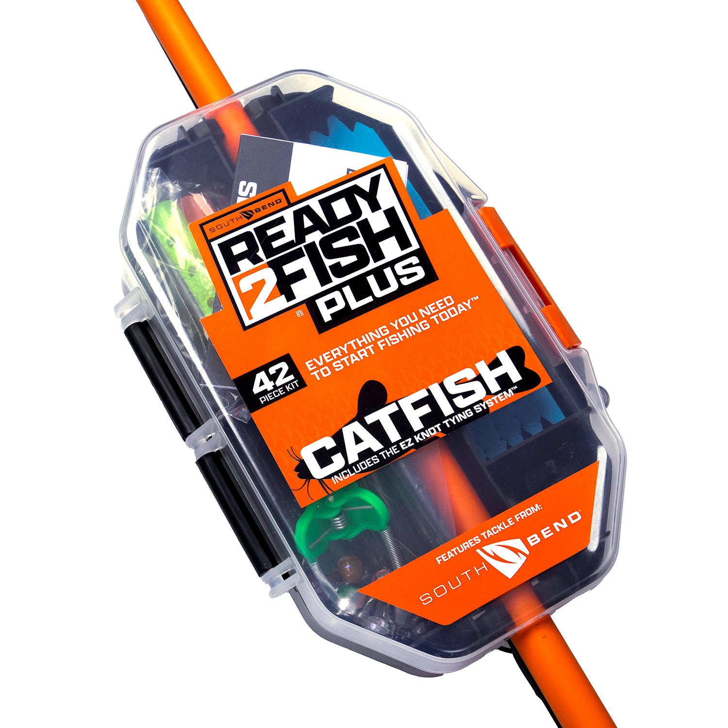 Ready2Fish Plus catfish spincast rod and reel combo tackle kit box on rod