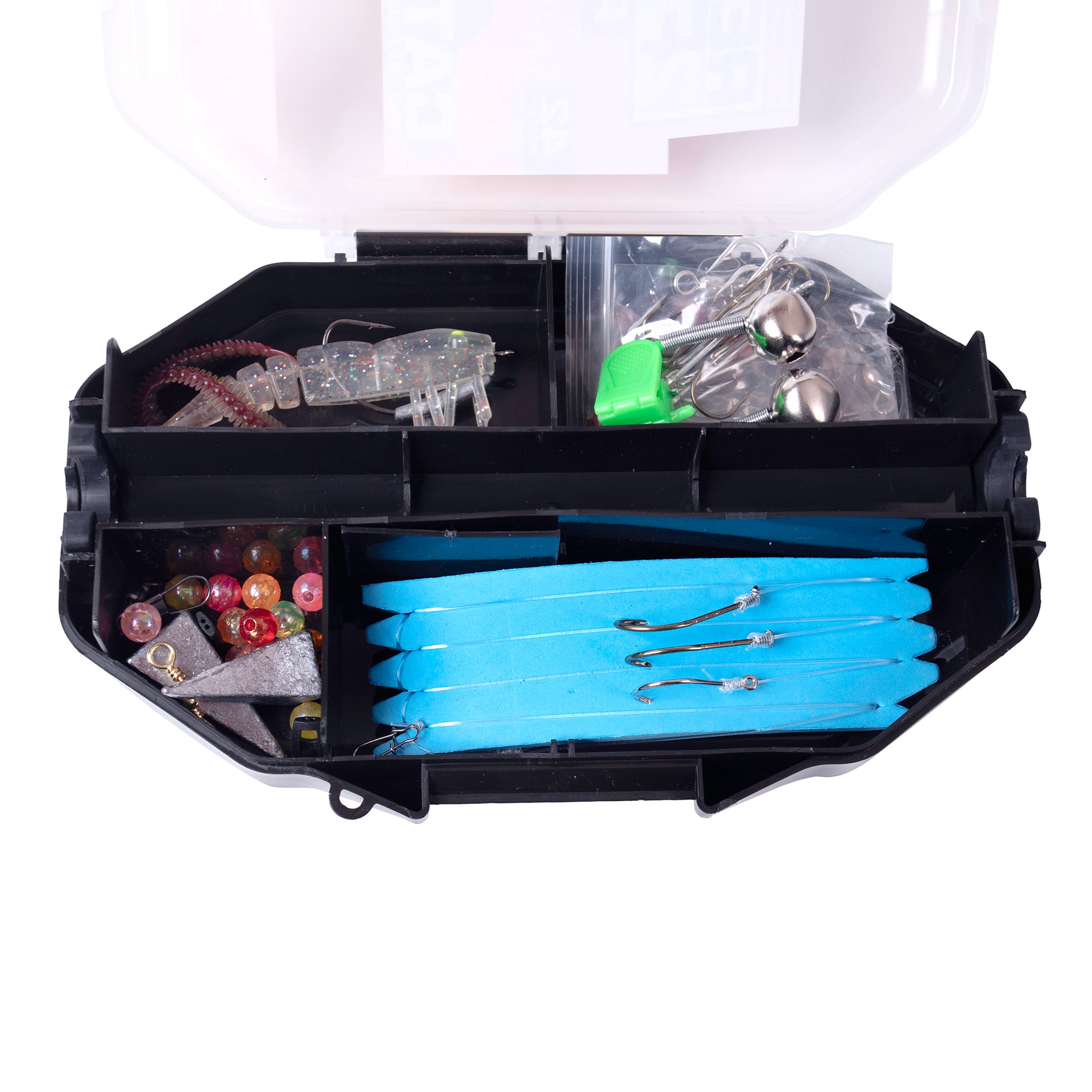 Ready2Fish Plus surf and pier rod and reel spinning combo tackle box open