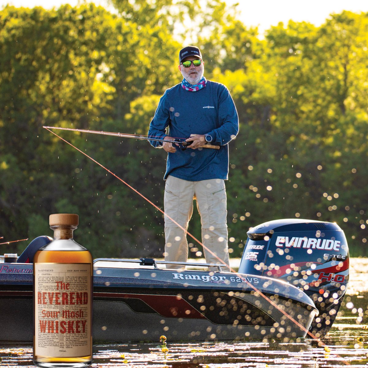 Freshwater fisherman and The Reverend Sour Mash Whiskey bottle