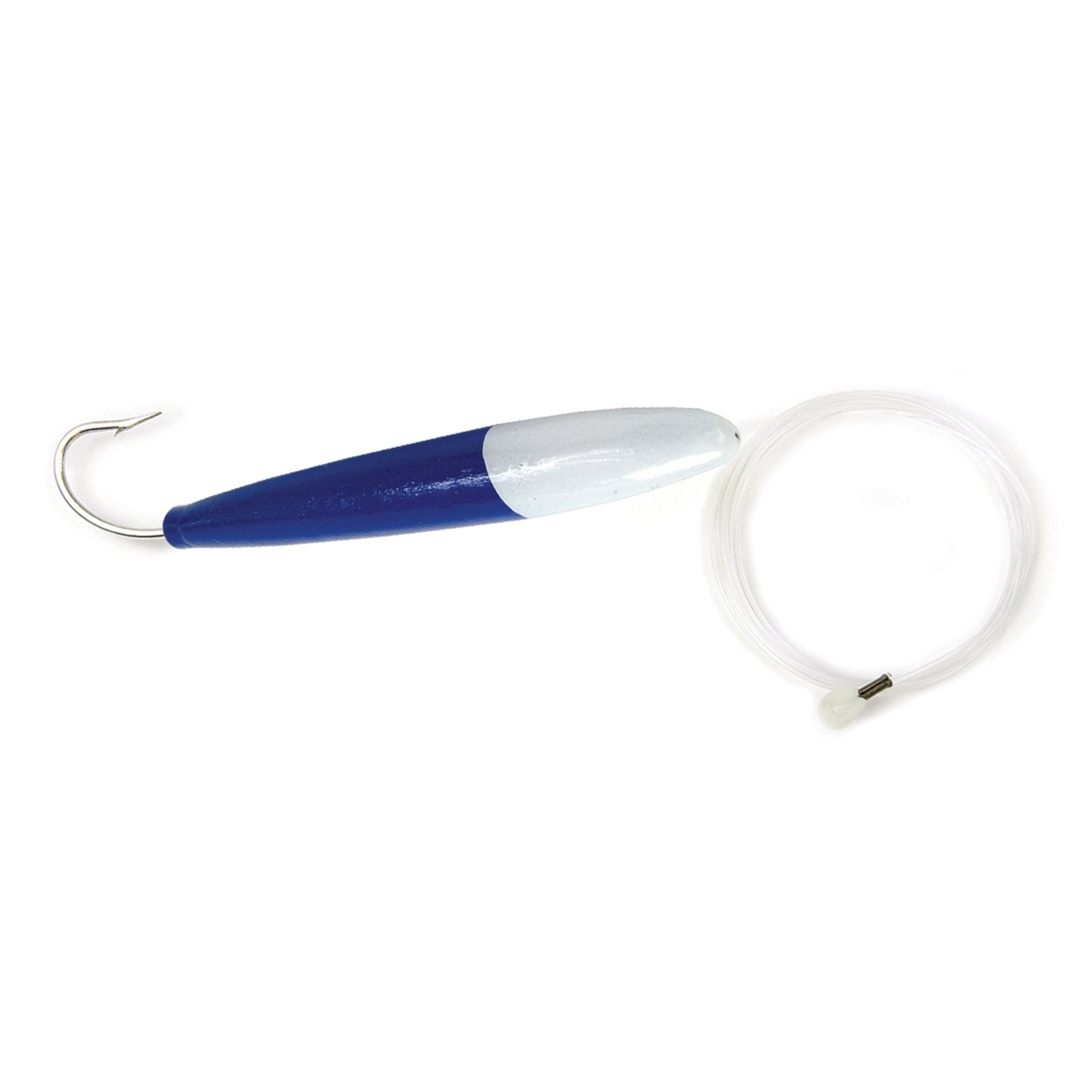 Blue and white rigged cedar plug